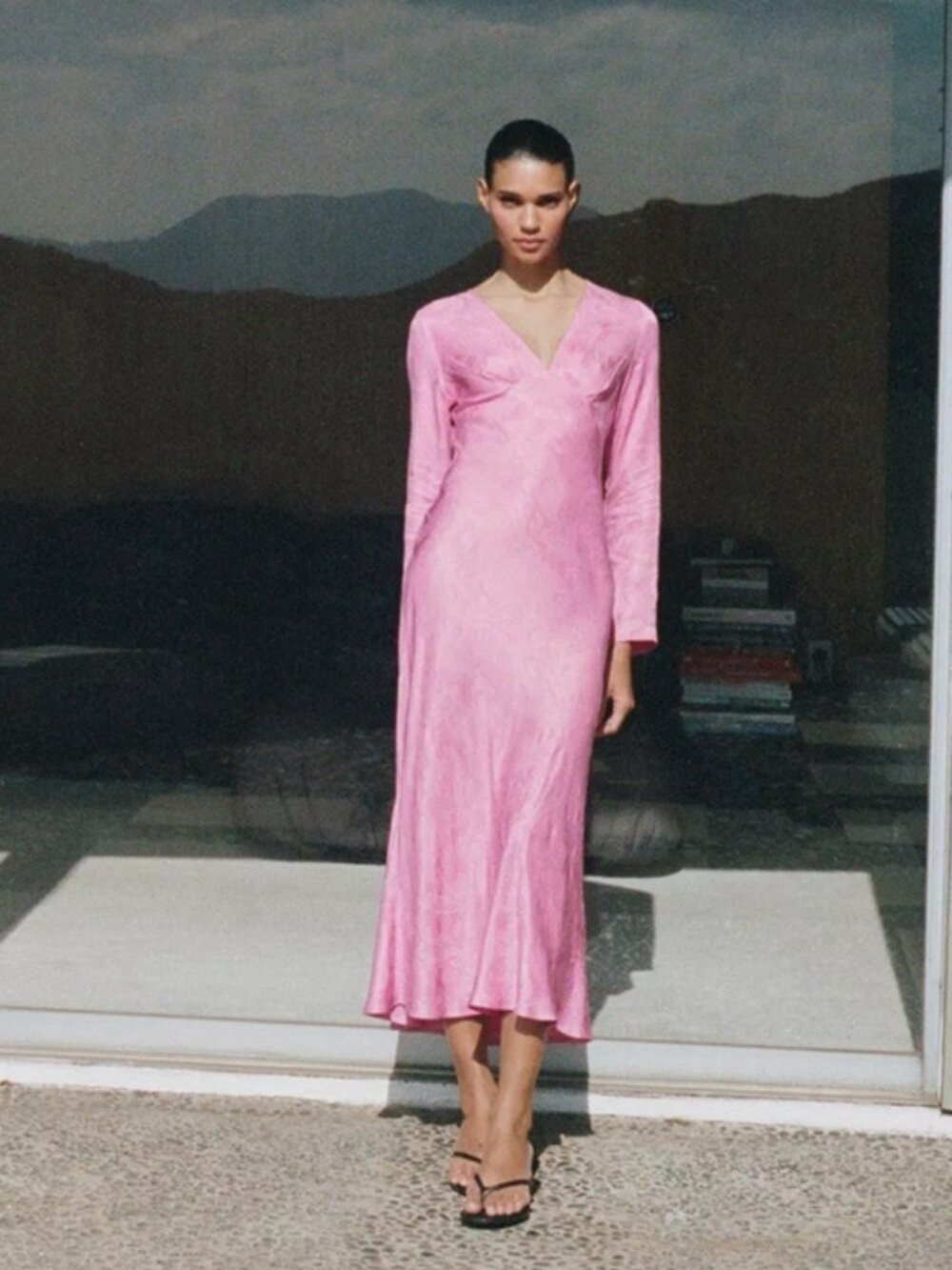 Zara Pink V-Neck Jacquard Midi Dress Size M